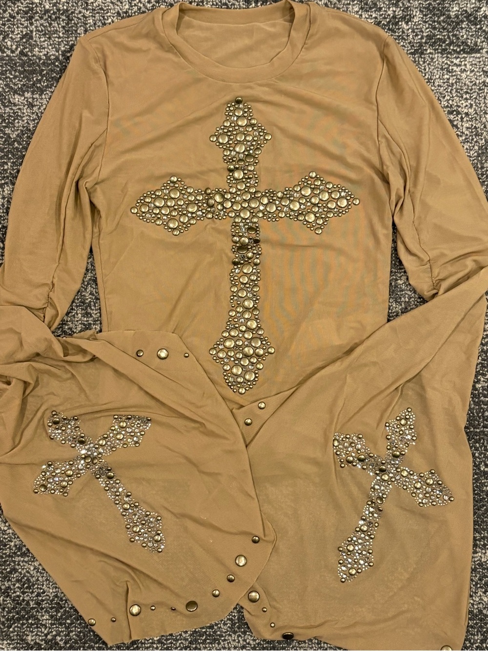 Studded Cross Long-Sleeve Women’s Top- Tan